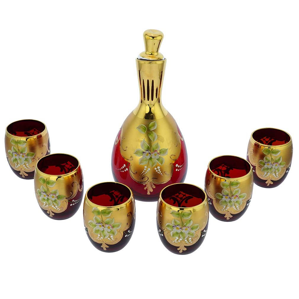 Murano Glass Decanter Set with 6 Wine Glasses 24K Gold Red E999350