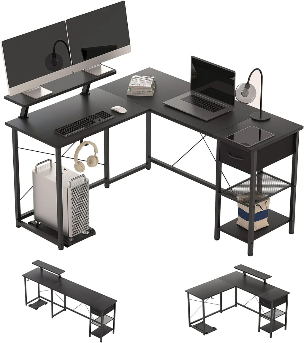 L Shaped Corner Computer Desk with Shelves and Monitor Stand Black O919441