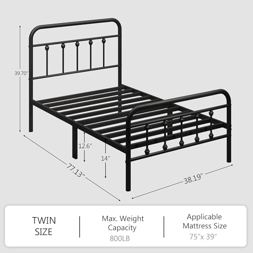 Full Size Black Metal Platform Bed Frame with Headboard and Footboard C8189