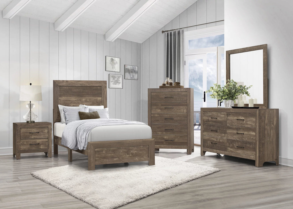 Twin Size Sleigh Bed Dresser Mirror Night Stand Rustic Brown E1150