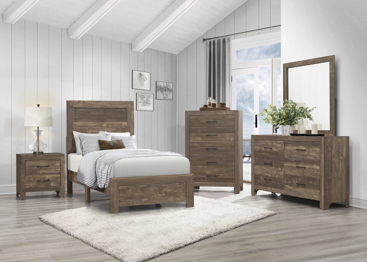 Twin Size Sleigh Bed Dresser Mirror Night Stand Rustic Brown E1150