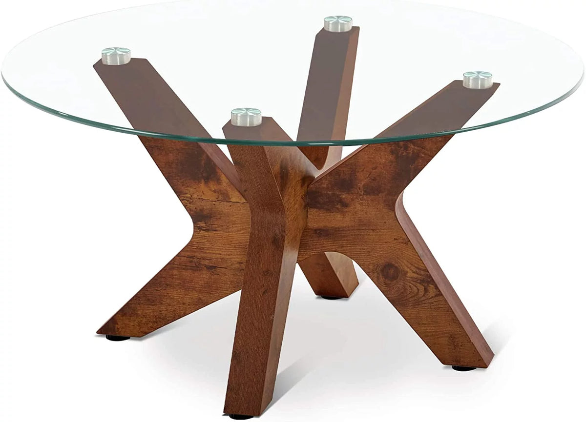 Round Glass Coffee Table with Wood Frame and Tempered Glass Top C256