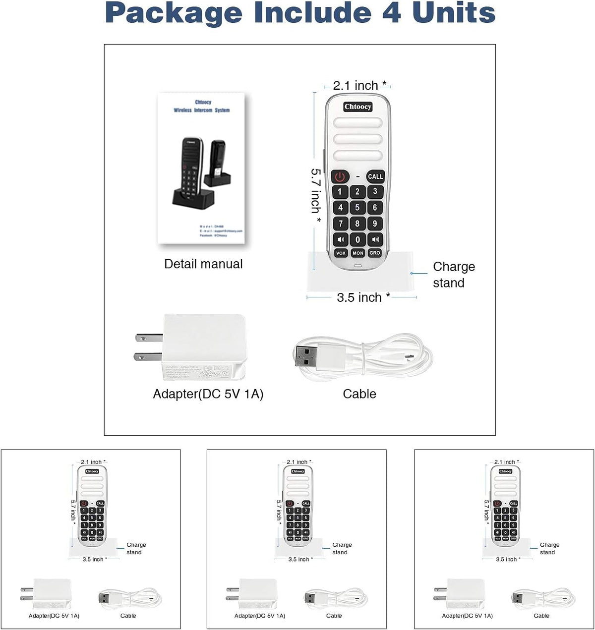 Rechargeable Wireless Intercom System 5280 Feet 10 Channel 4 Packs White A115113