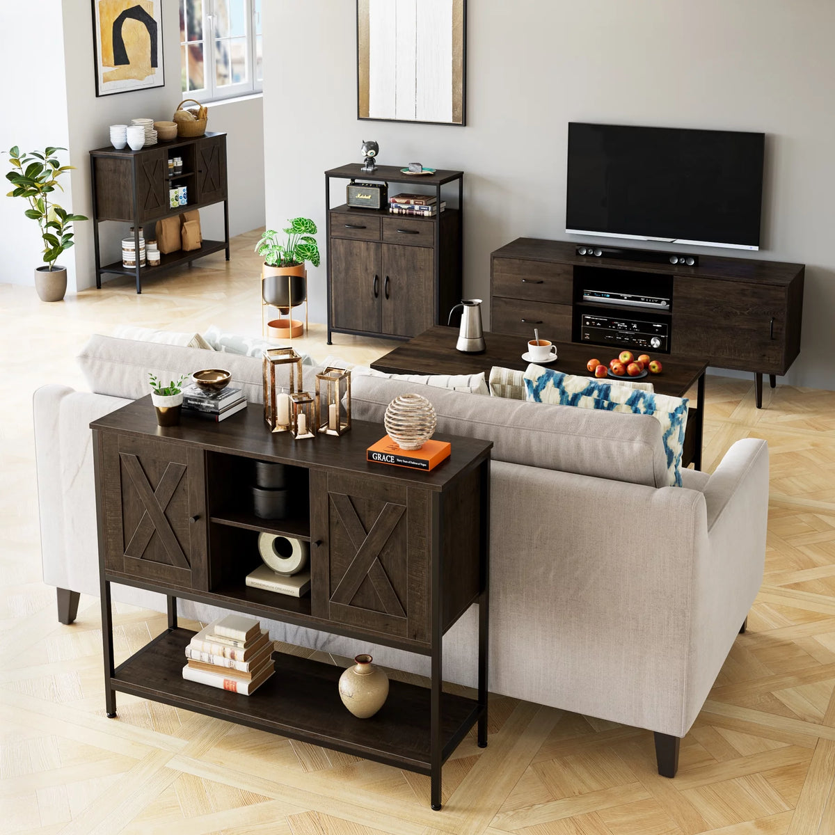 Dark Brown Console Cabinet with Doors and Shelves K9456