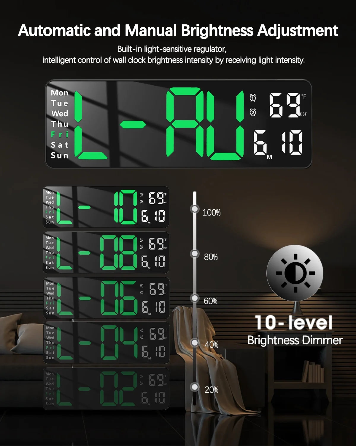 Digital Wall Clock with Large LED Display, Loud Alarm, Remote Control H8634