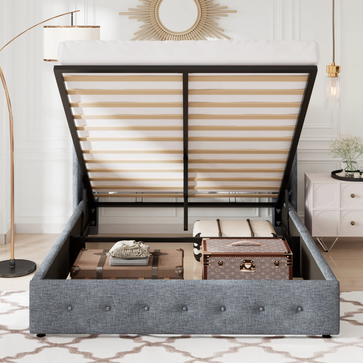 Queen Size Lift Up Platform Storage Bed Frame with Wingback Headboard Light Beige N322