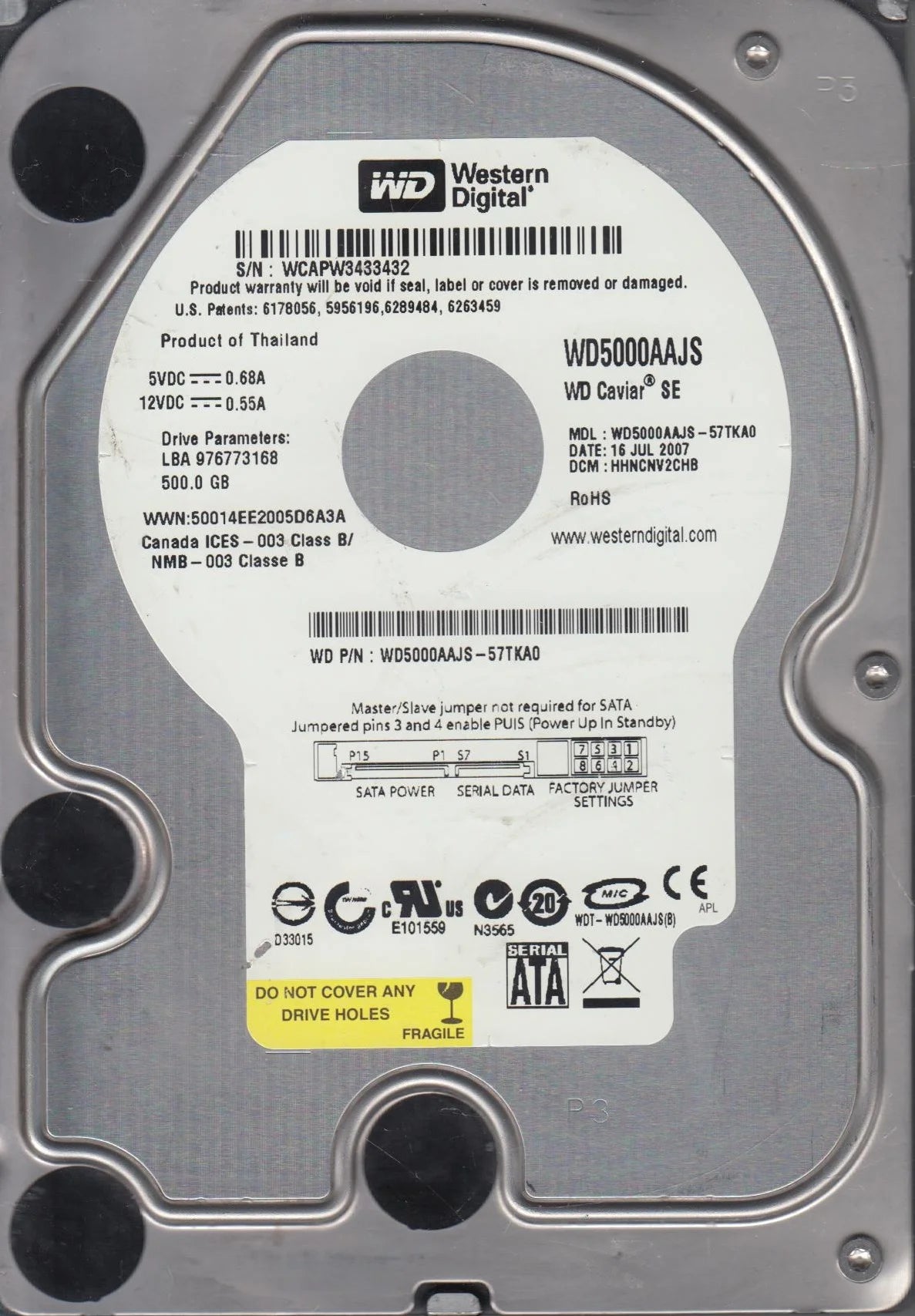 500GB SATA 3.5 Hard Drive H207