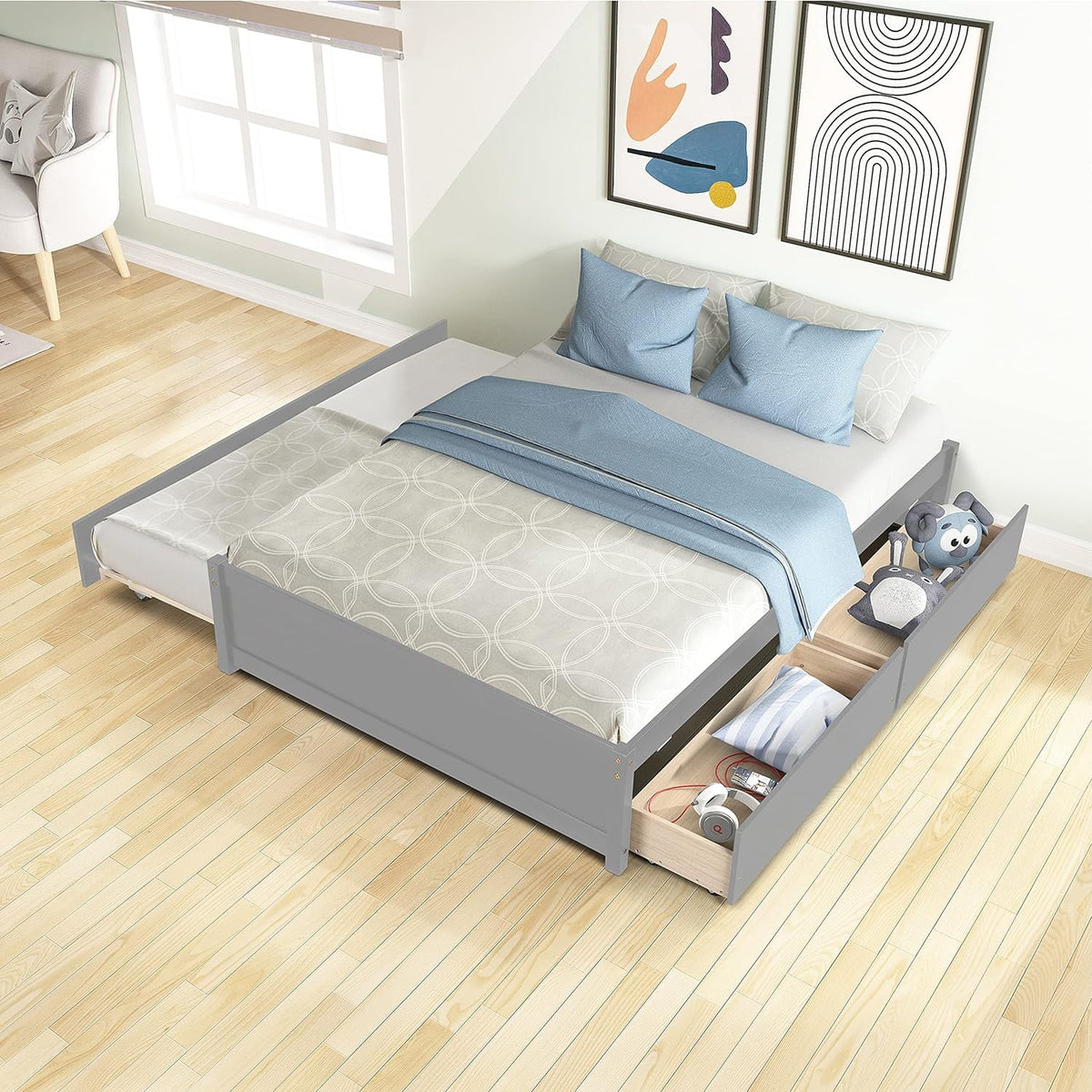 Full Size Wood Platform Bed with Trundle and 2 Drawers T661142