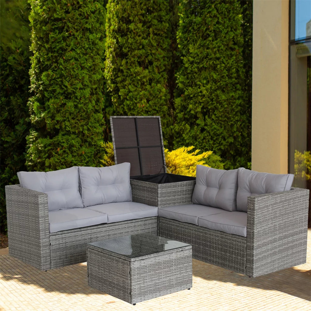 4 Pieces All Weather Wicker Rattan Patio Sectional Sofa Set with Storage Box & Ottoman, Gray G5783