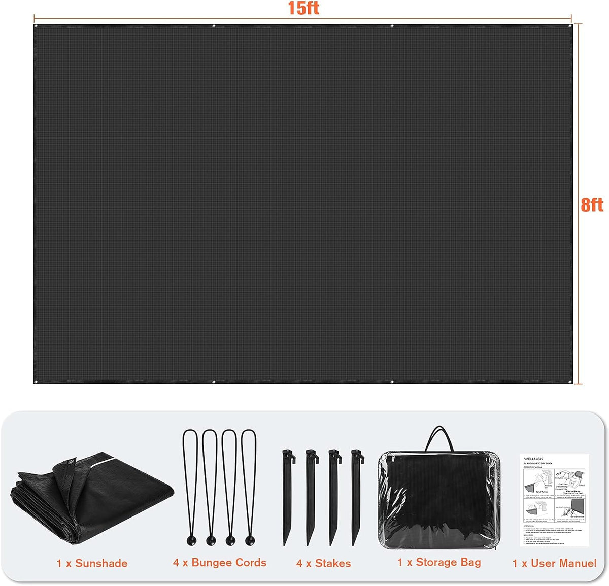 8'X15' Black Mesh RV Awning Sun Shade Screen D4748