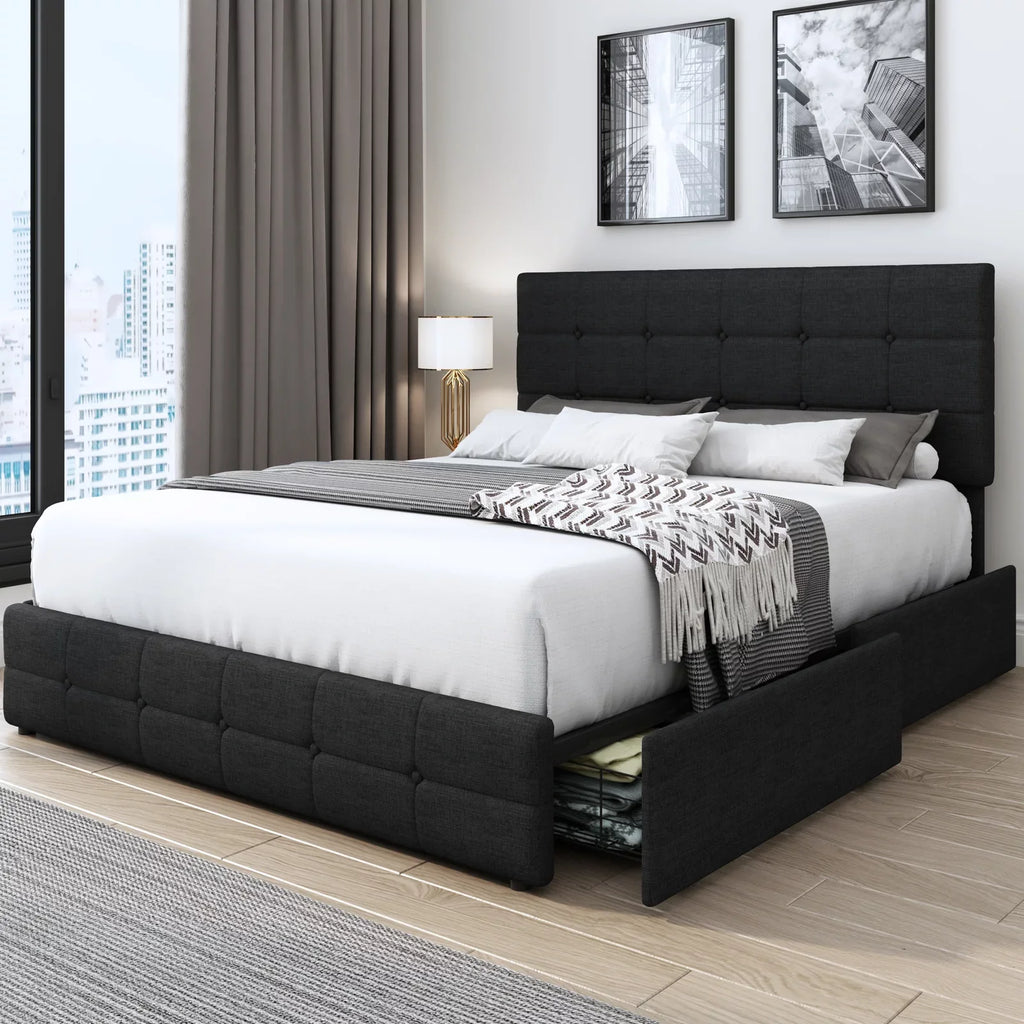 Queen Size Light Grey Upholstered Platform Bed with 4 Storage Drawers Y9224