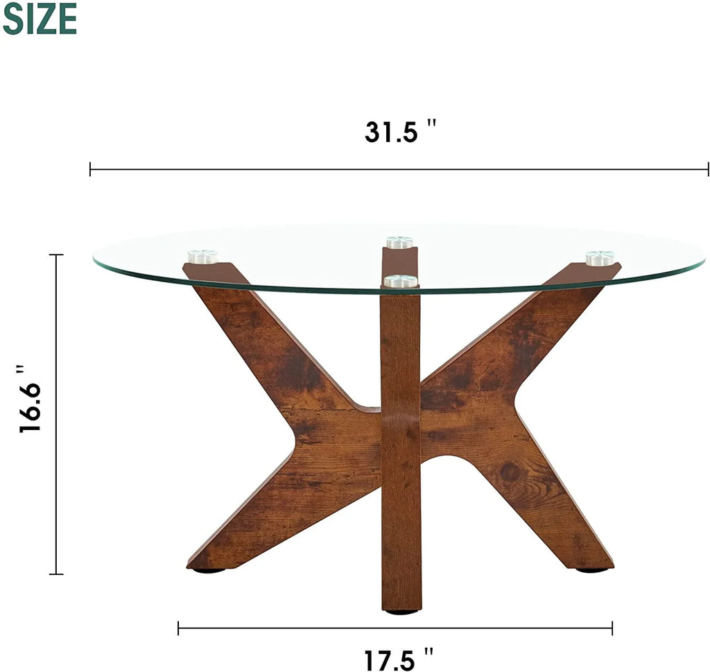 Round Glass Coffee Table with Wood Frame and Tempered Glass Top C256