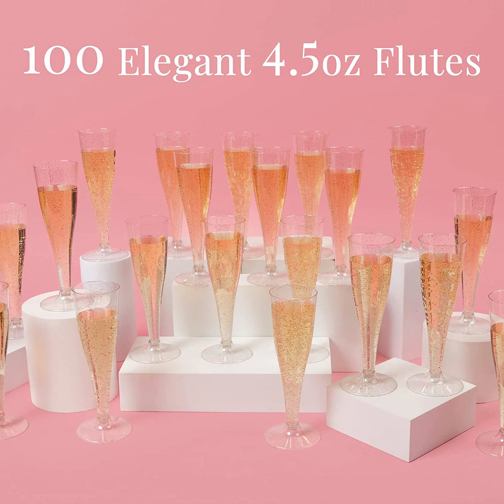 100 Pack Silver Glitter Plastic Champagne Flutes F323