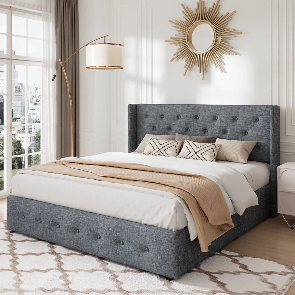Queen Size Lift Up Platform Storage Bed Frame with Wingback Headboard Light Beige N322