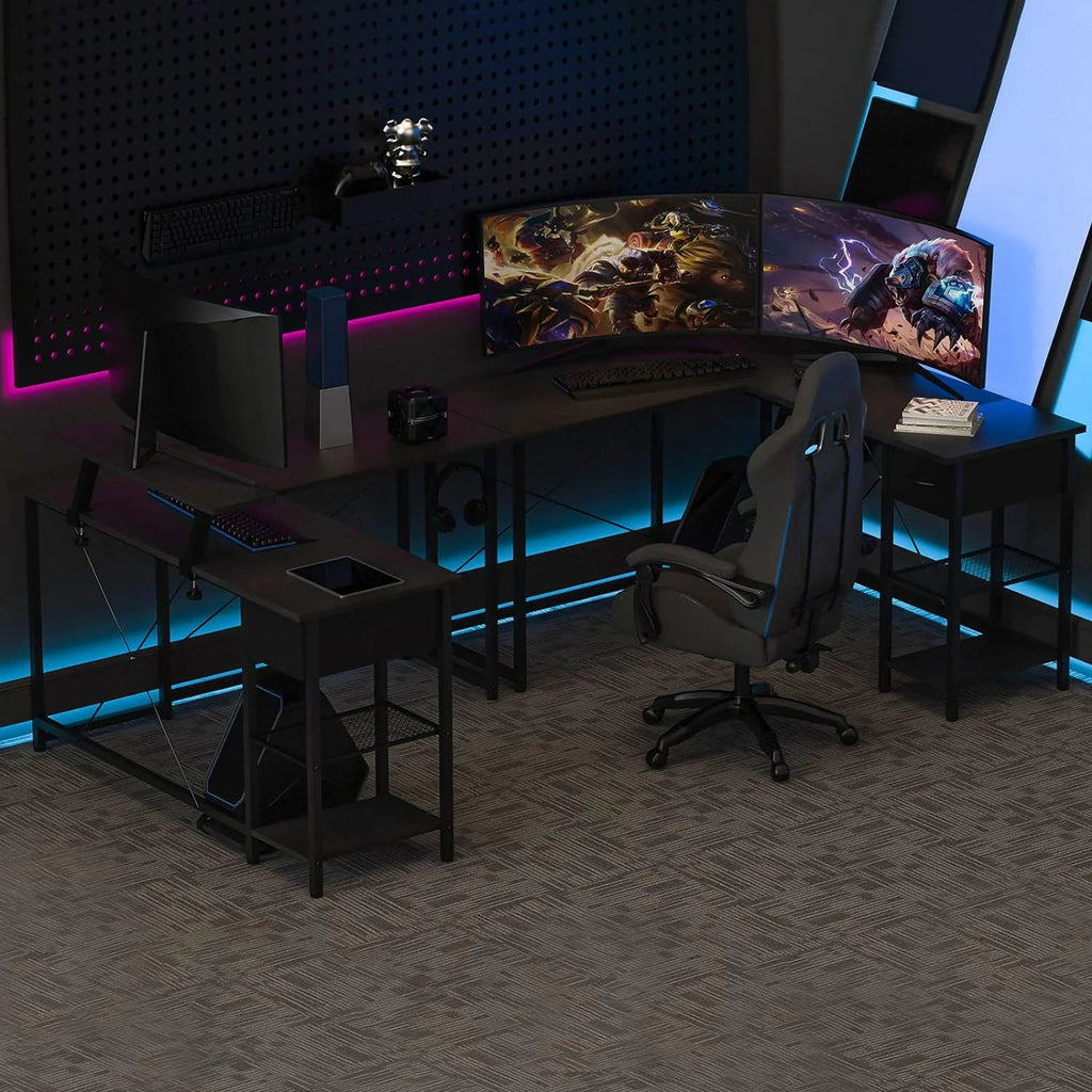 L Shaped Corner Computer Desk with Shelves and Monitor Stand Black O919441