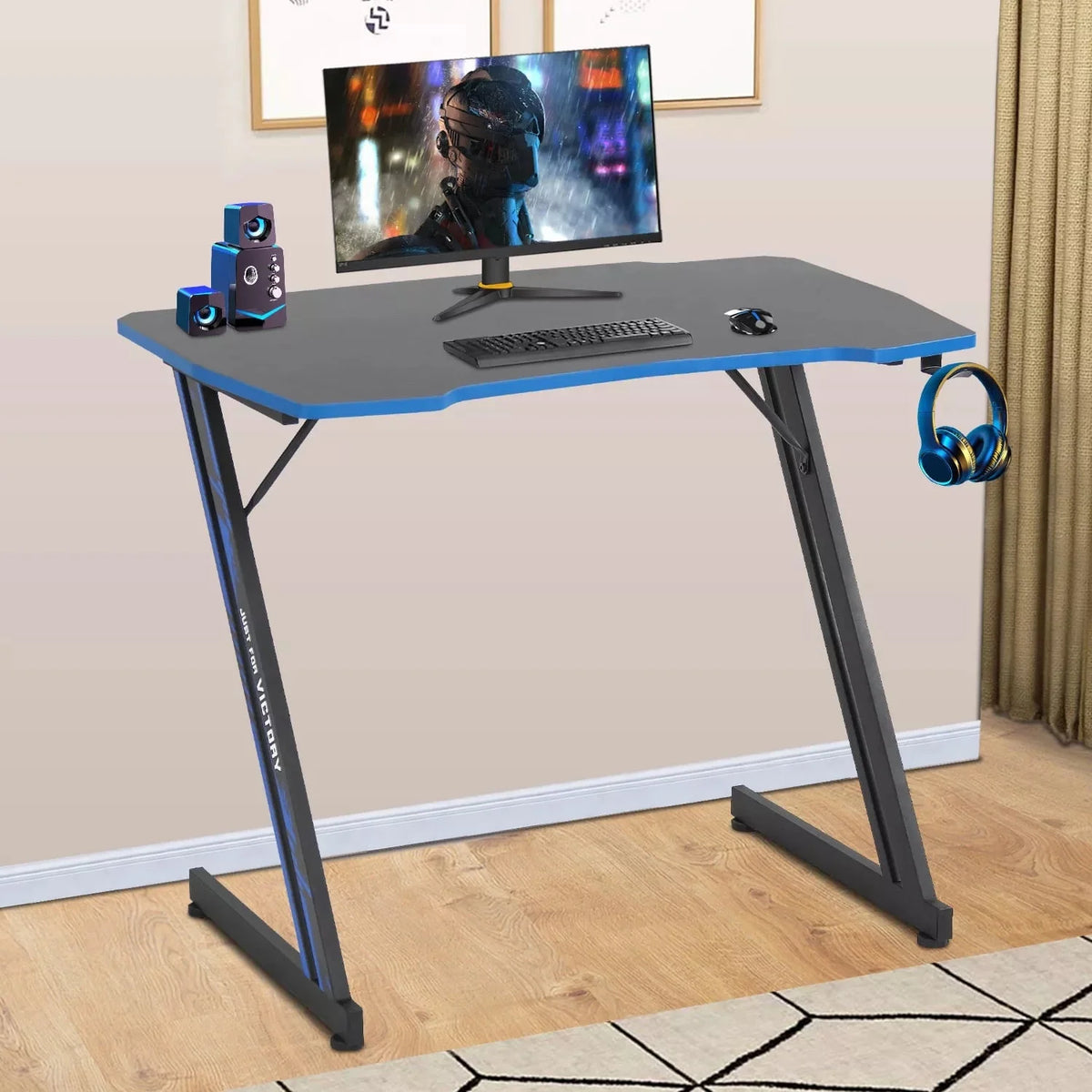 Blue Z Shaped Gaming Desk with Headphone Hook U6656