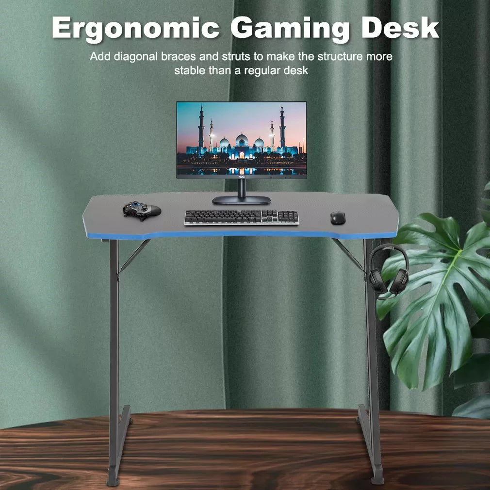 Blue Z Shaped Gaming Desk with Headphone Hook U6656