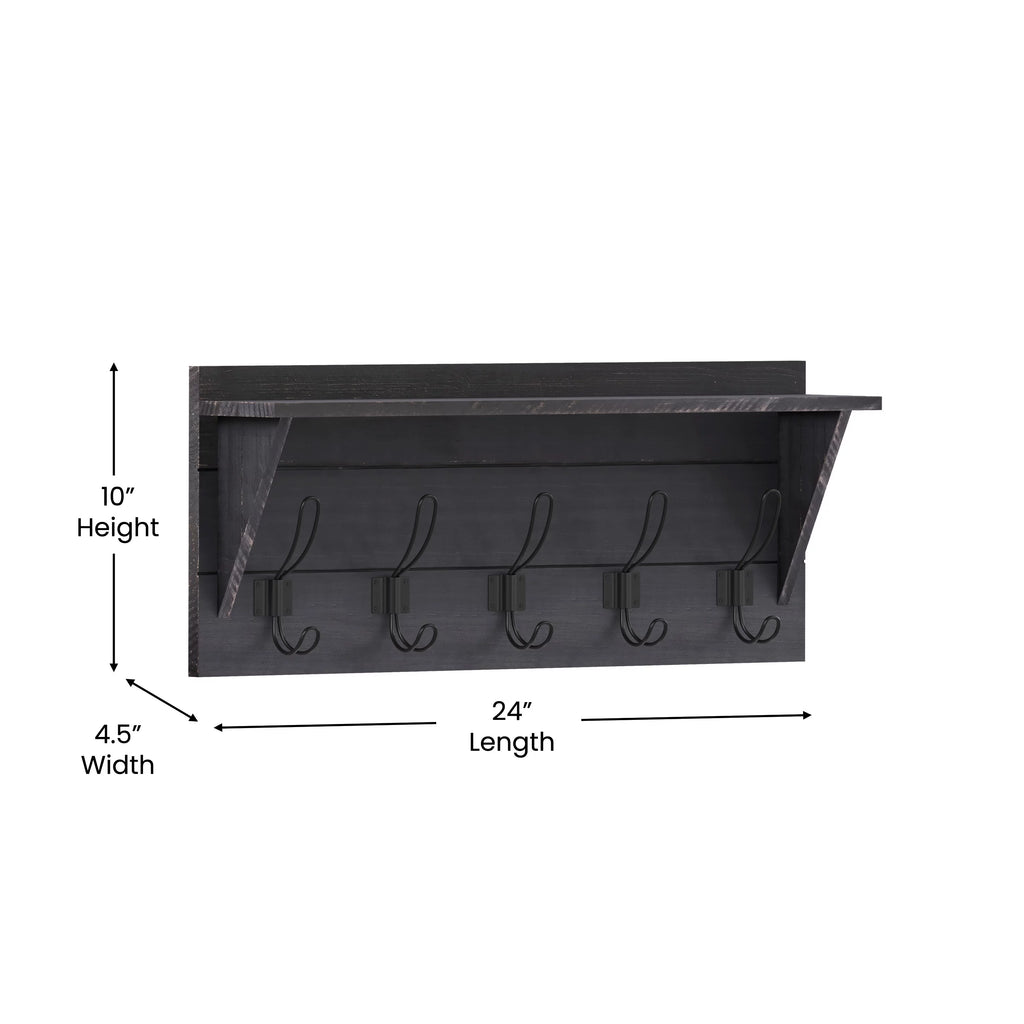24 Inch Solid Pine Wood Wall Mounted Storage Rack with Shelf and 5 Hooks Z4708