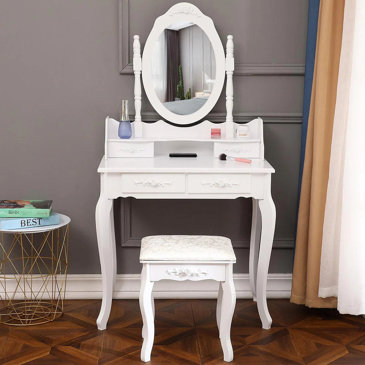 White Dressing Table and Stool Set with 4 Drawers & Mirror R22744