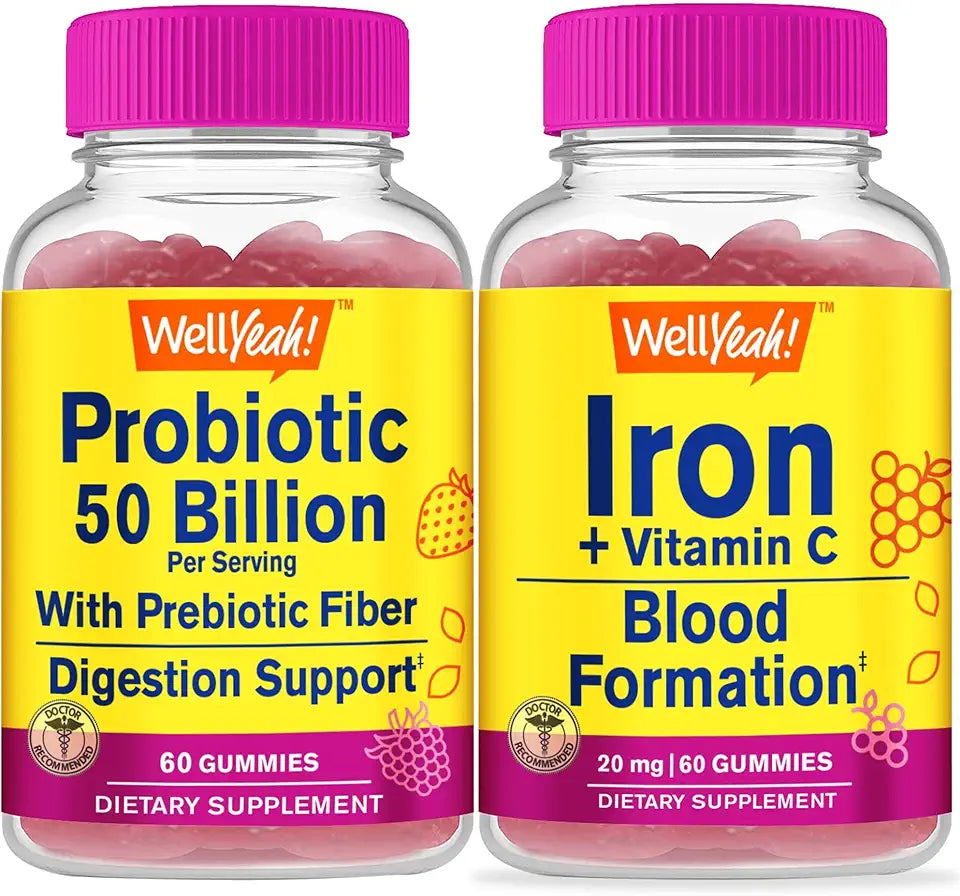 Probiotics 50B+ Prebiotics Iron Vitamin C Gummies Bundle Gluten Free GMO Free Chewable Gummy Vitamin Supplement W822299