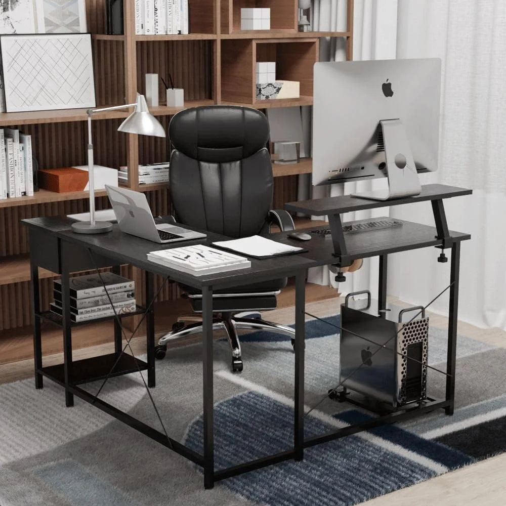 L Shaped Corner Computer Desk with Shelves and Monitor Stand Black O919441
