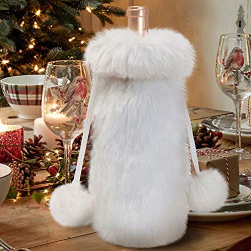 White Faux Fur Drawstring Wine Bottle Cover Bag M6018
