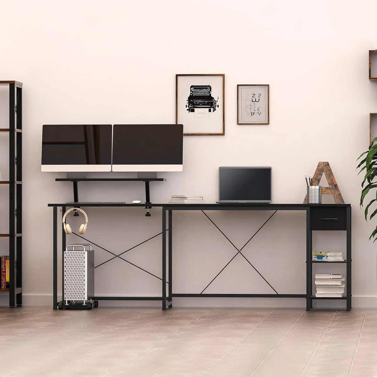 L Shaped Corner Computer Desk with Shelves and Monitor Stand Black O919441