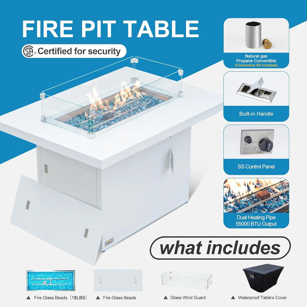 Aluminum Patio Conversation Set with 43" Propane Fire Pit Table White X476