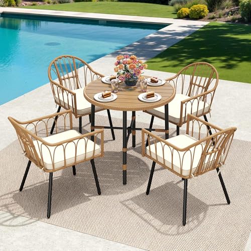 5 Pieces Wicker Patio Dining Table Chair Set with Umbrella Hole E23452