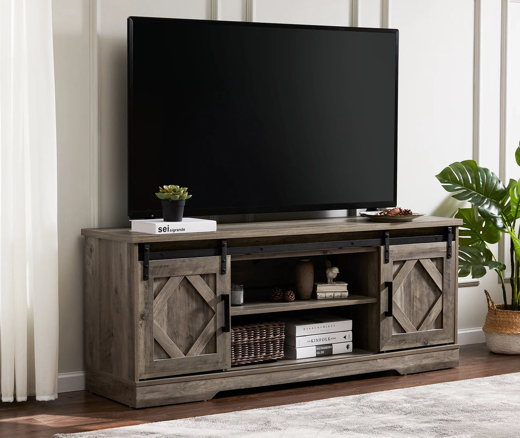 Farmhouse TV Stand up to 70" Barn Door Media Console Storage Cabinet in Gray R92230