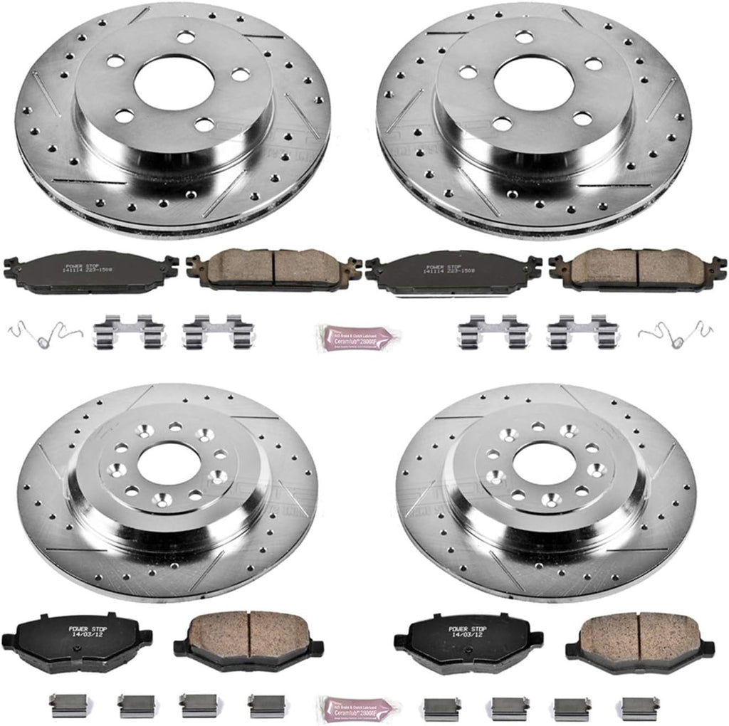 Front and Rear Carbon Fiber Brake Pads with Drilled & Slotted Brake Rotors Kit Q520