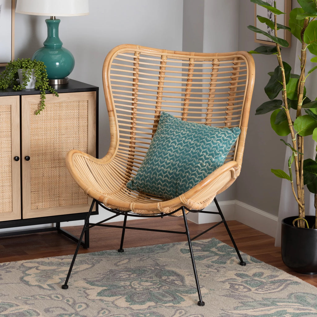 Natural Brown Rattan and Black Metal Accent Chair U7423