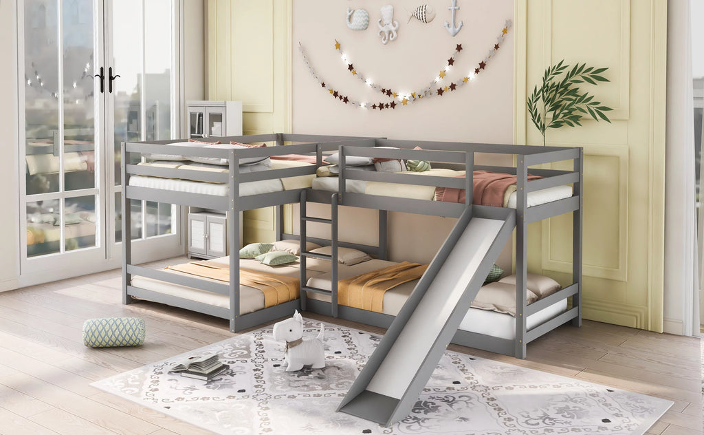 Full and Twin Size L-Shaped Bunk Bed with Slide and Short Ladder C832