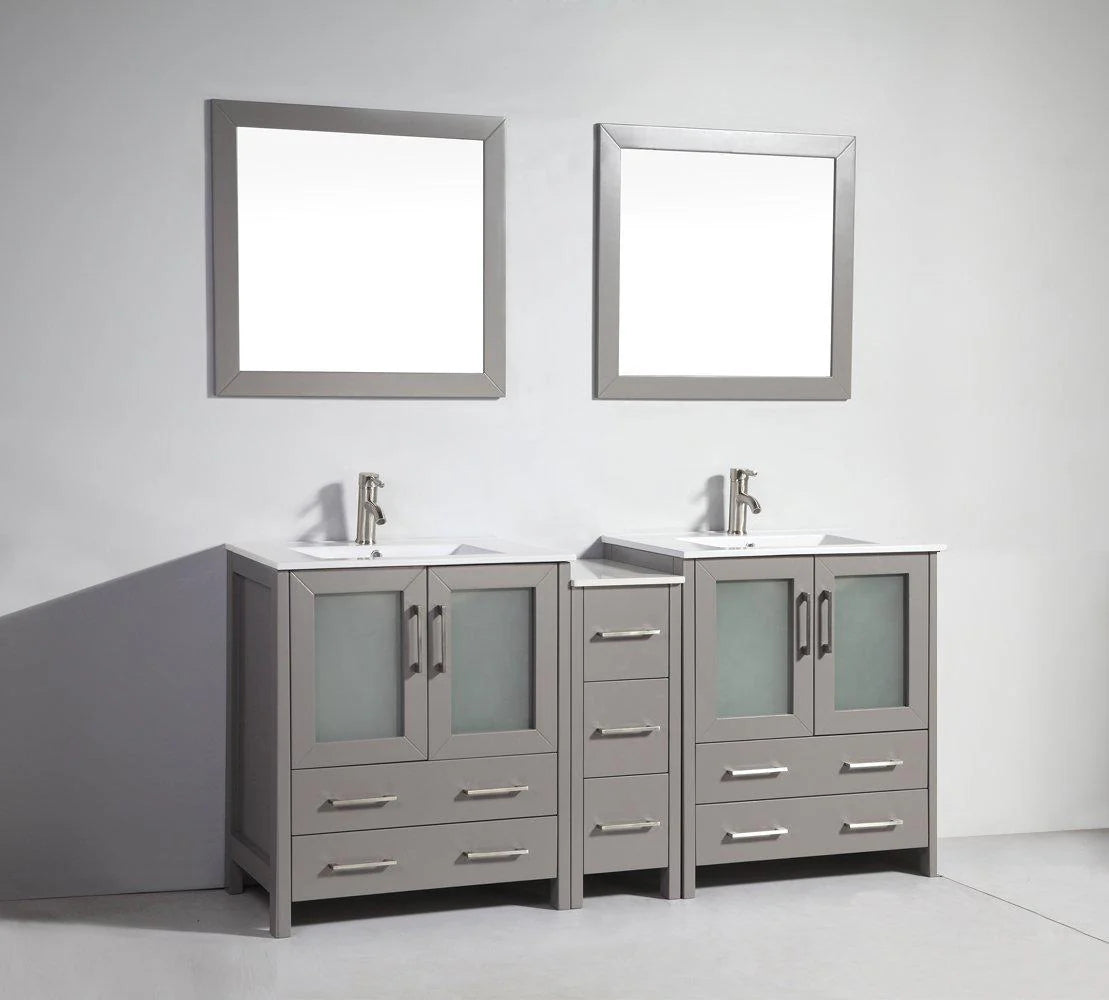 72 in. Grey Double Sink Ceramic Vanity Cabinet with Mirror M183
