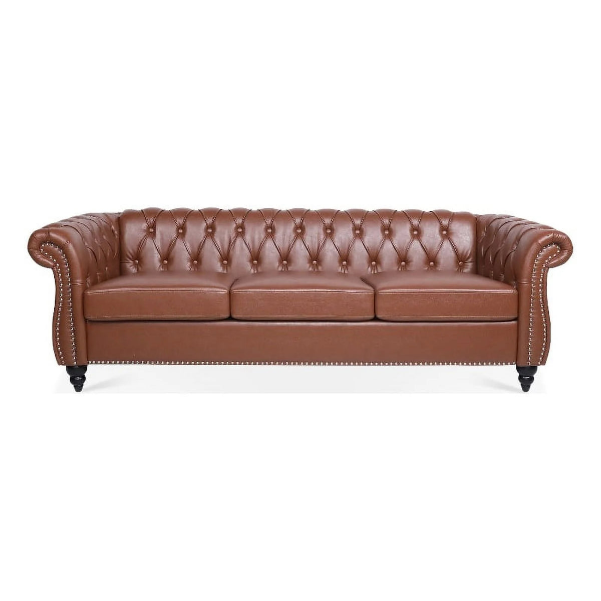 Brown PU Rolled Arm Chesterfield Three Seater Sofa L358710