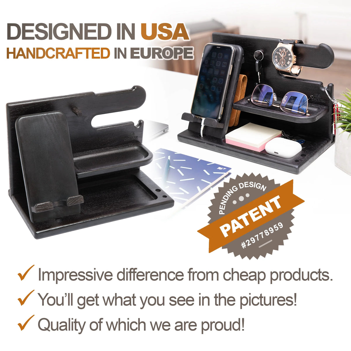 Wood Phone Docking Station Ash Key Holder Wallet Stand Watch Organizer Z33834