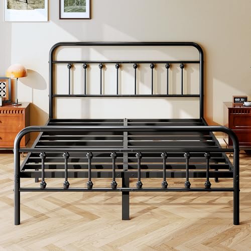 Full Size Black Metal Platform Bed Frame with Headboard and Footboard C8189