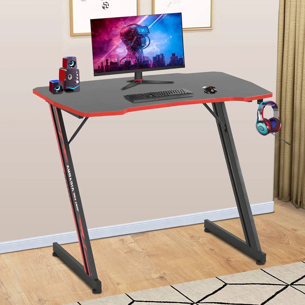 Blue Z Shaped Gaming Desk with Headphone Hook U6656