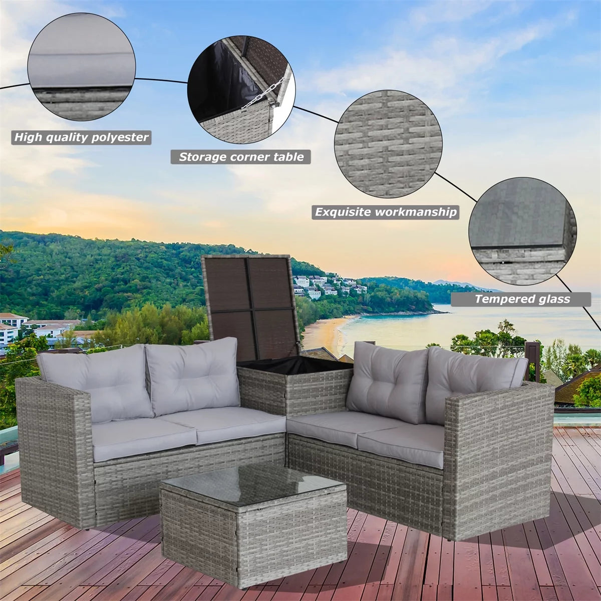 4 Pieces All Weather Wicker Rattan Patio Sectional Sofa Set with Storage Box & Ottoman, Gray G5783