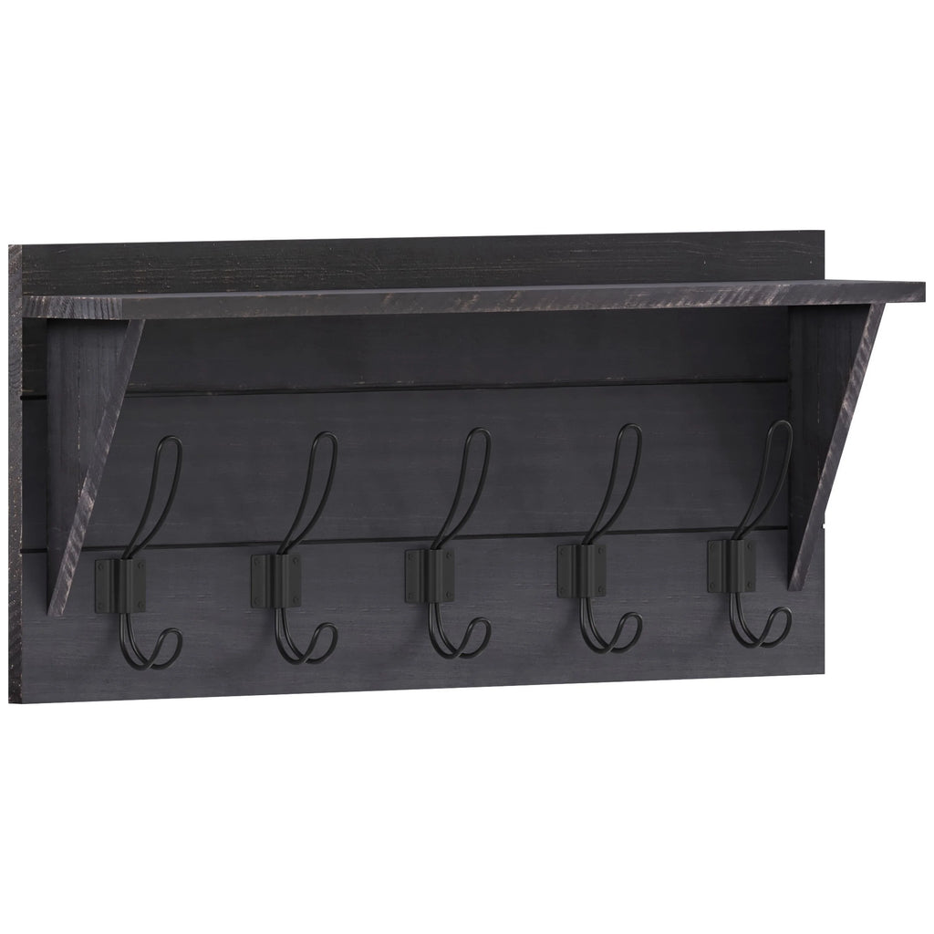 24 Inch Solid Pine Wood Wall Mounted Storage Rack with Shelf and 5 Hooks Z4708