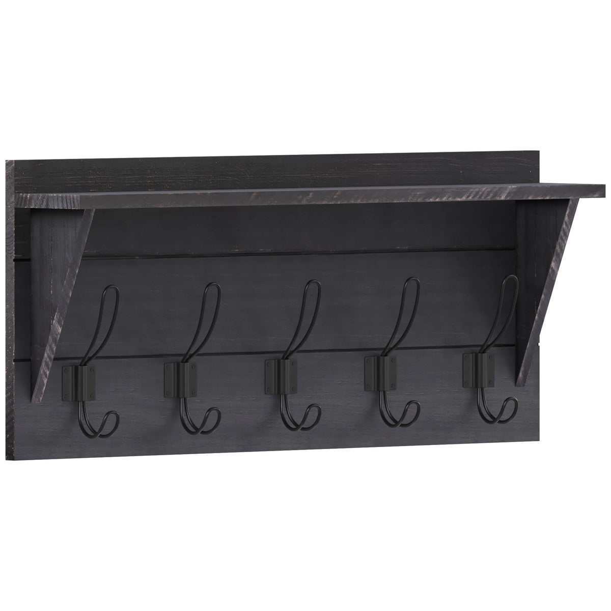 24 Inch Solid Pine Wood Wall Mounted Storage Rack with Shelf and 5 Hooks Z4708
