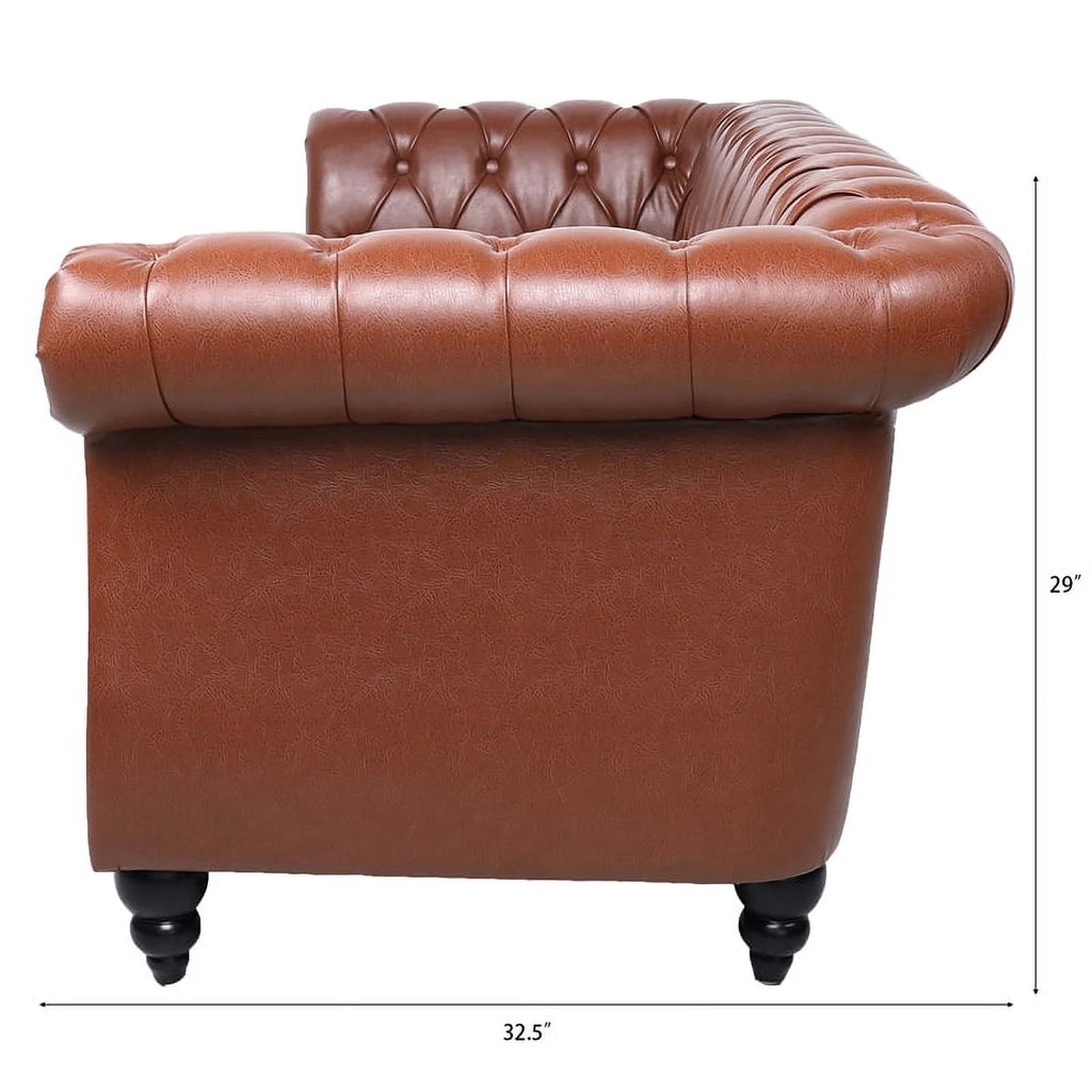 Brown PU Rolled Arm Chesterfield Three Seater Sofa L358710