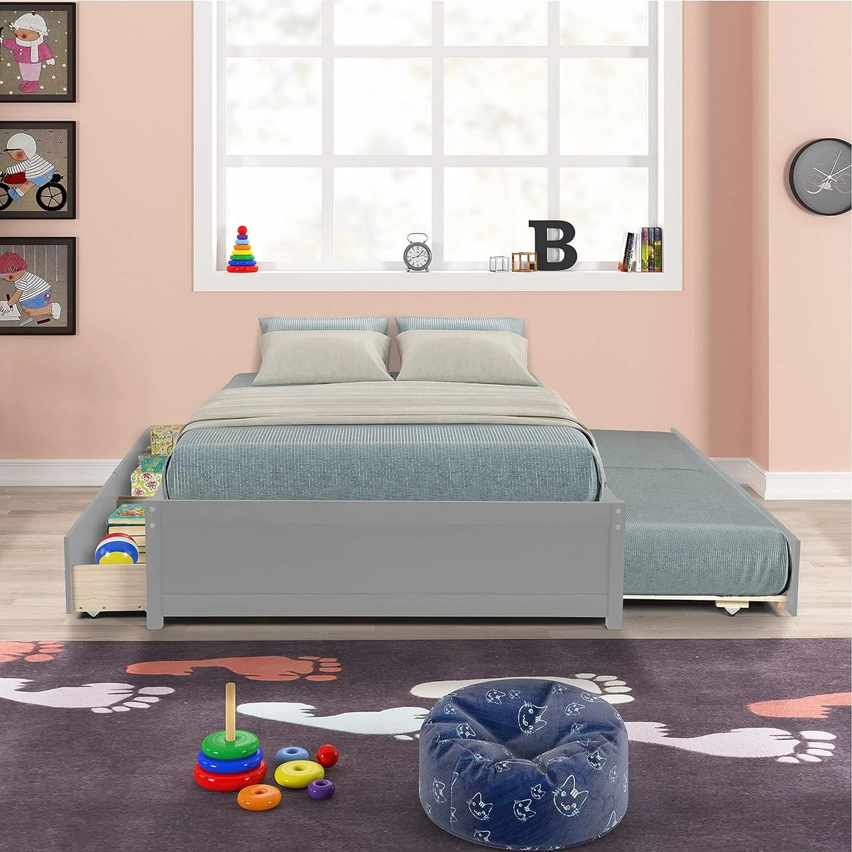 Full Size Wood Platform Bed with Trundle and 2 Drawers T661142
