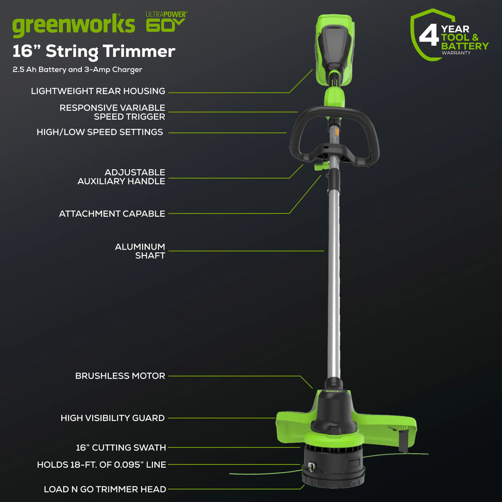 60V 16 String Trimmer & 630 CFM 170 MPH Blower Combo Kit with 2.5Ah Battery & 3 Amp Charger W6400