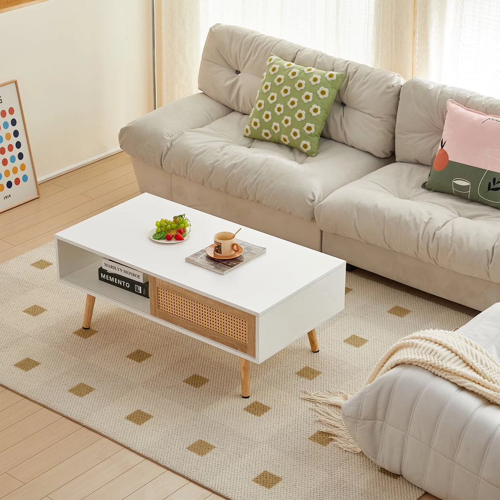 41.34" Rattan Coffee Table with Sliding Door Storage U2910
