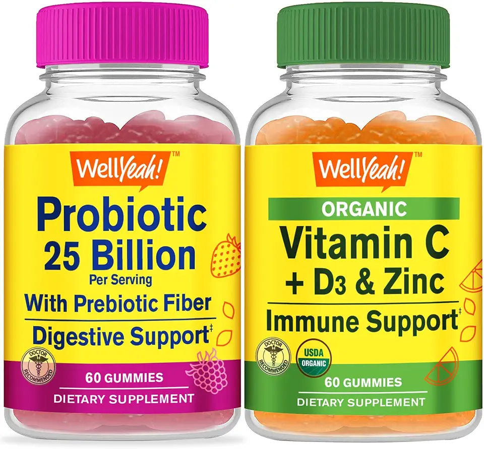 Probiotics 25B Prebiotics Vitamin C D3 Zinc Gummies Bundle Gluten Free GMO Free Chewable Vitamin Supplement E46269