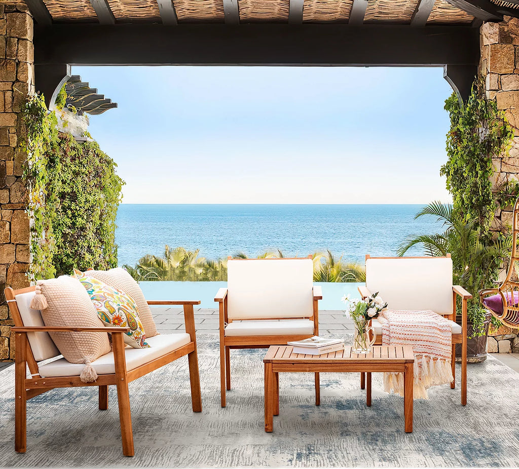 3 Pieces Acacia Patio Conversation Set with Cushions and Side Table T2283