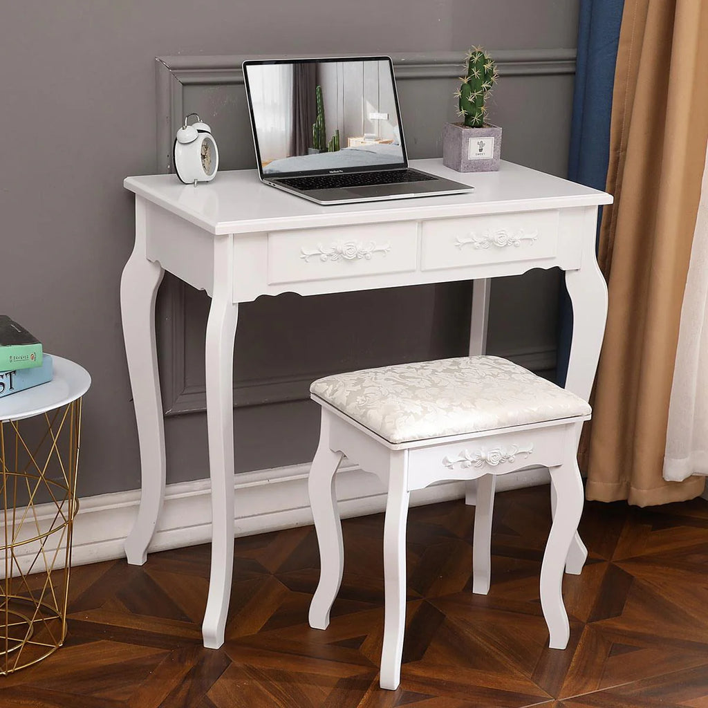 White Dressing Table and Stool Set with 4 Drawers & Mirror R22744