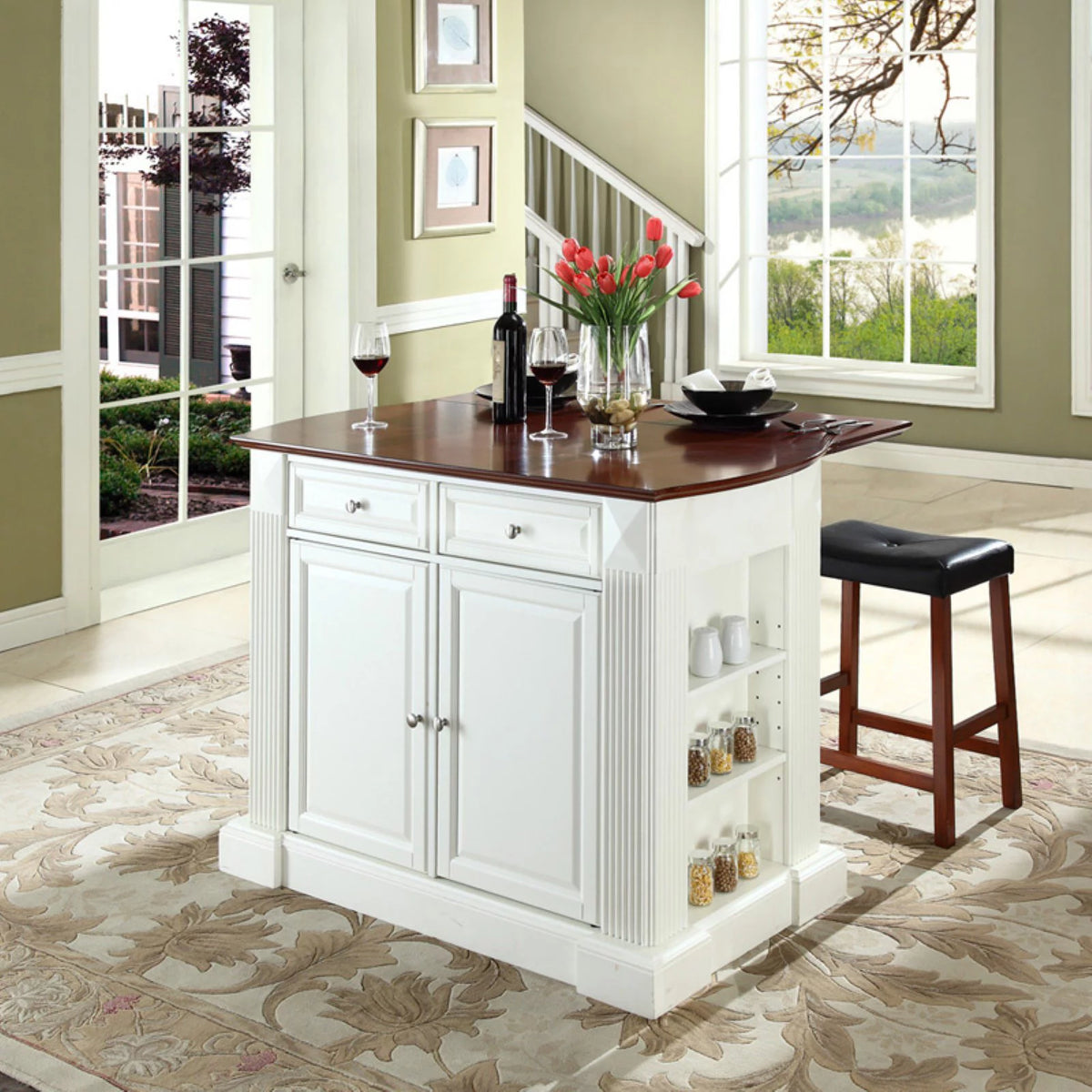 White Drop Leaf Kitchen Island with Stools U781