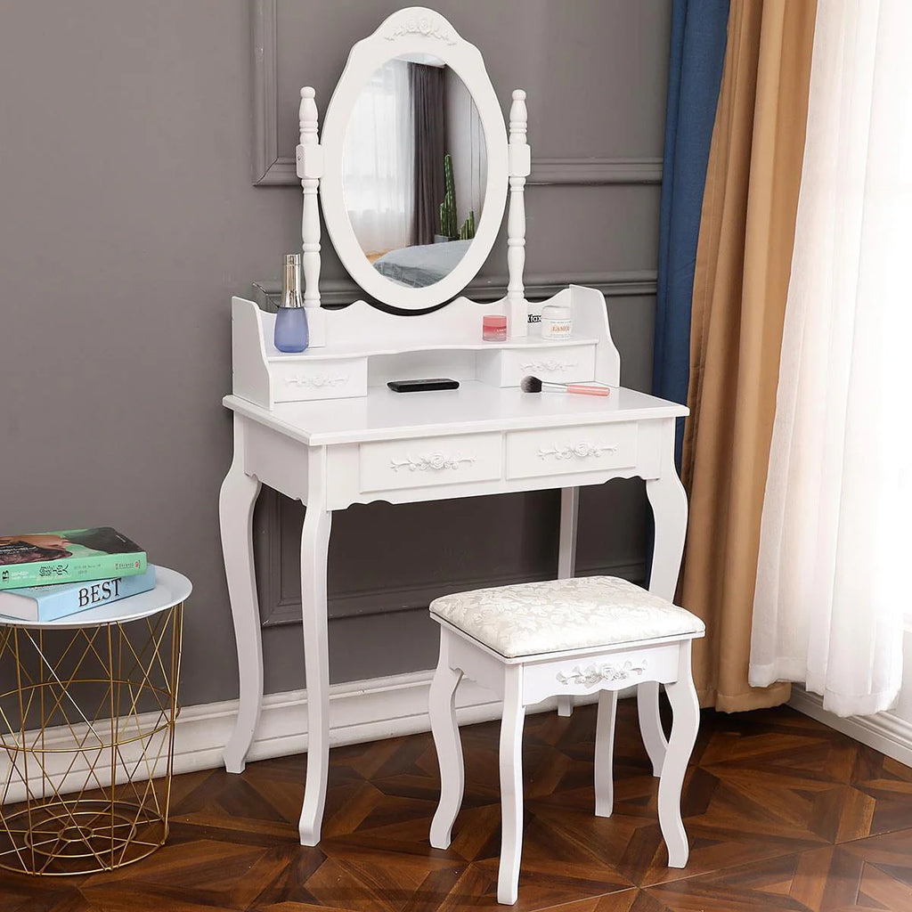 White Dressing Table and Stool Set with 4 Drawers & Mirror R22744